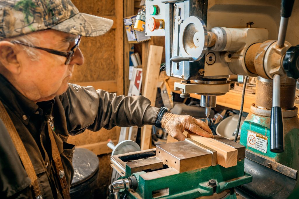 John sets up a box call blank in his mill/drill machine in preparation for removing the inside of the call.