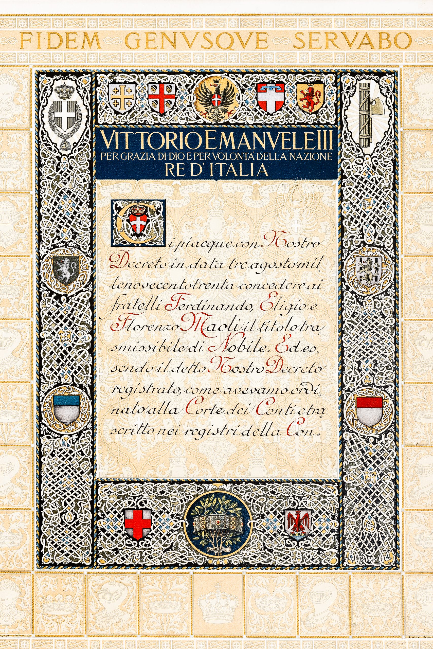 After the Italian unification in the mid-19th century, the Maolis lost their title of marquis that they had enjoyed for centuries under Spanish rule. However, Vittorio Emanuele, III, King of Italy, recognized their nobility by heraldic decree in 1930. The registered document decrees “consecrated brothers Ferdinando, Eligio, and Florenzo Maoli the transmissible title of Noble.” 