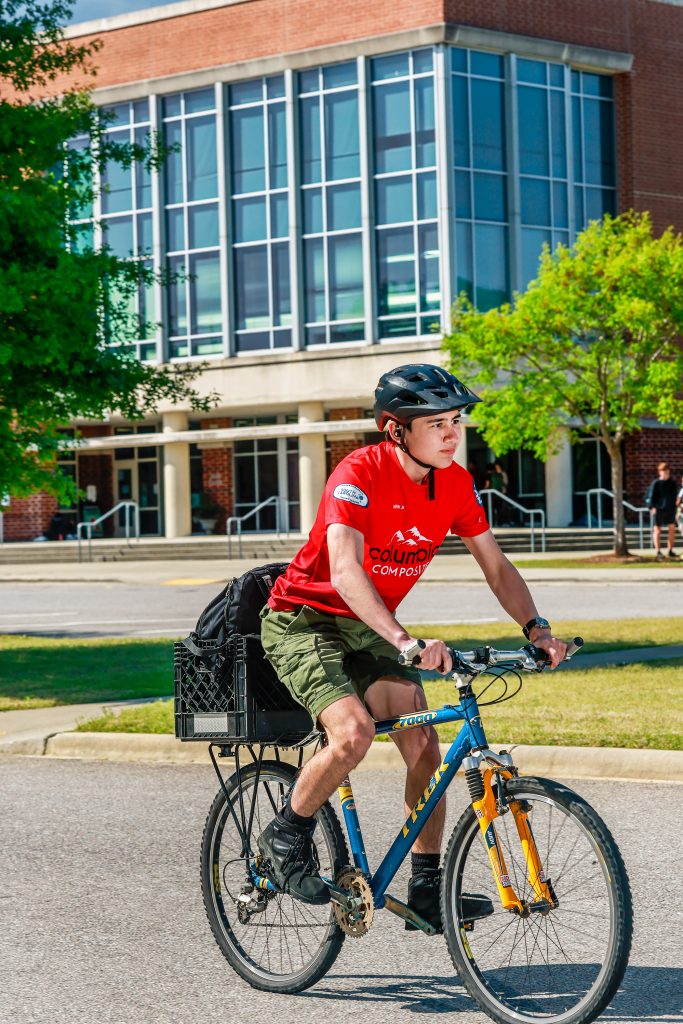 Luzviminda’s 17-year-old son, Aidan Gruner, bikes to school at Dreher High School daily. He also competes in the National Interscholastic Cycling Association and in Columbia Composite, a local mountain biking team for grades six through 12.