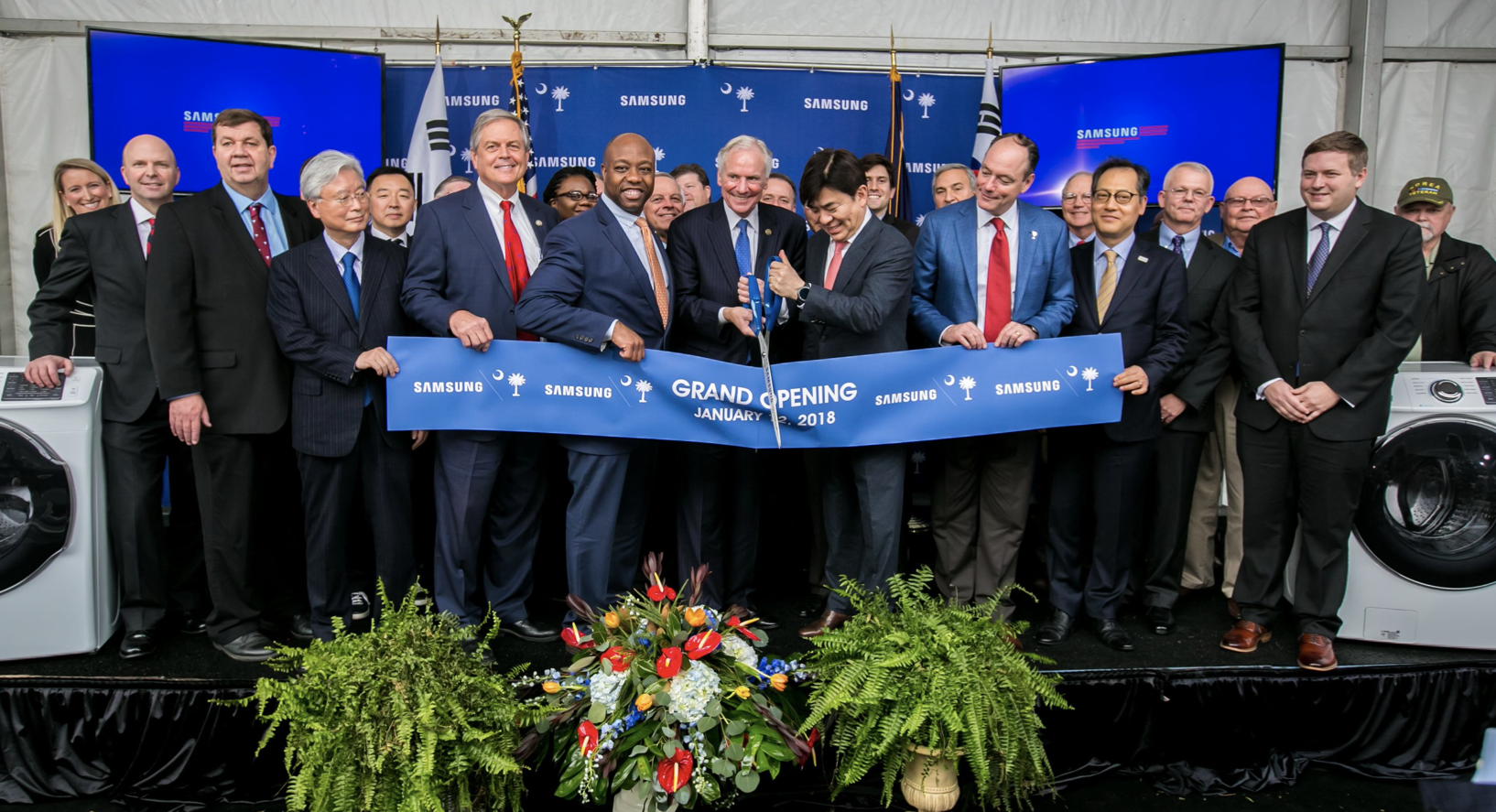 Governor Henry McMaster, Rep. Ralph Norman, and Sen. Tim Scott join Samsung, state, and county officials at the 2018 ribbon cutting for the Samsung Electronics Home Appliances facility in Newberry.  R