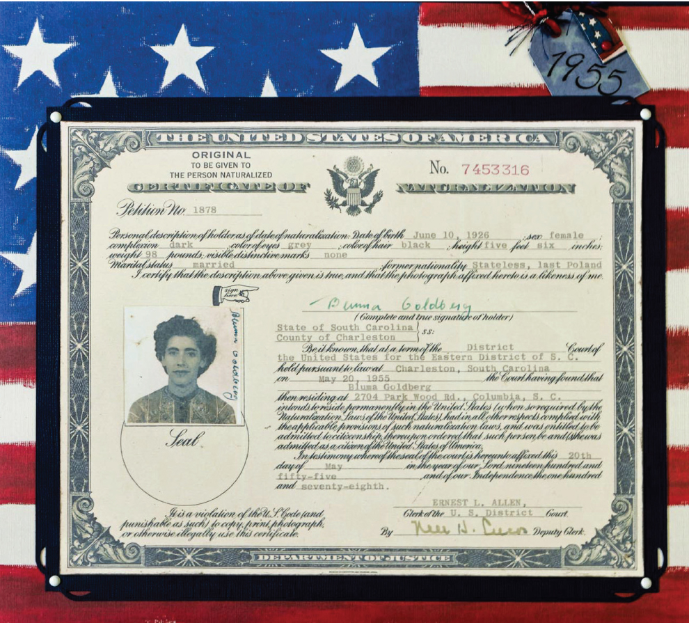 Bluma’s 1955 certificate of naturalization from Charleston.
