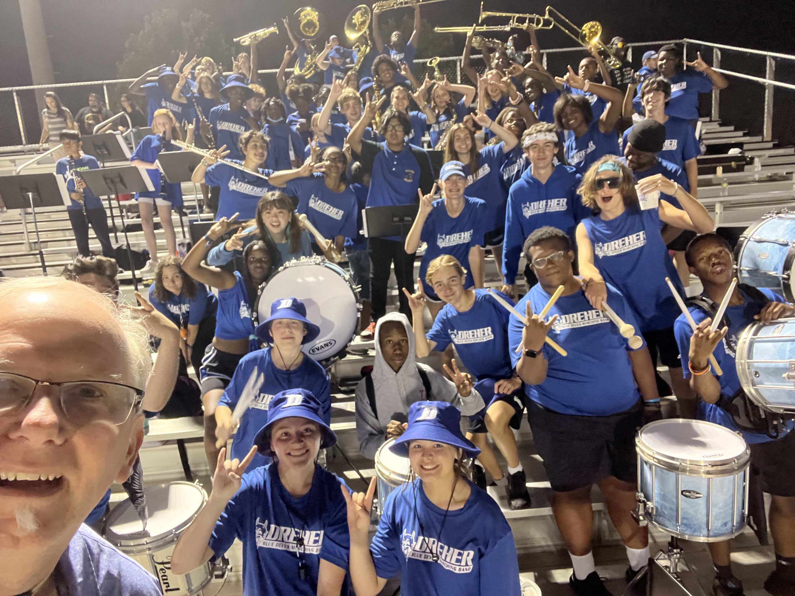 Dreher Marching Band with the Hand Middle School Band. John Duhan is the band director for seventh and eighth grade night.
 Photography courtesy of Chris Lee
