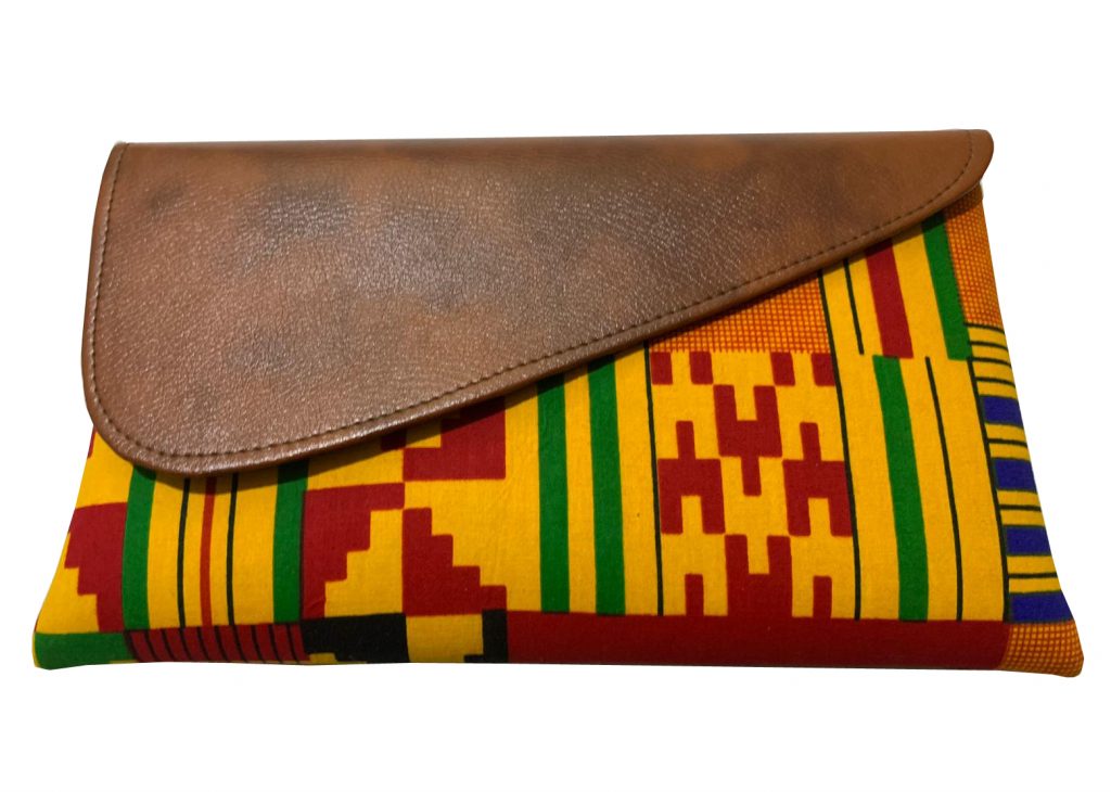 Leather clutch handmade by Irungu from traditional African material and leather.