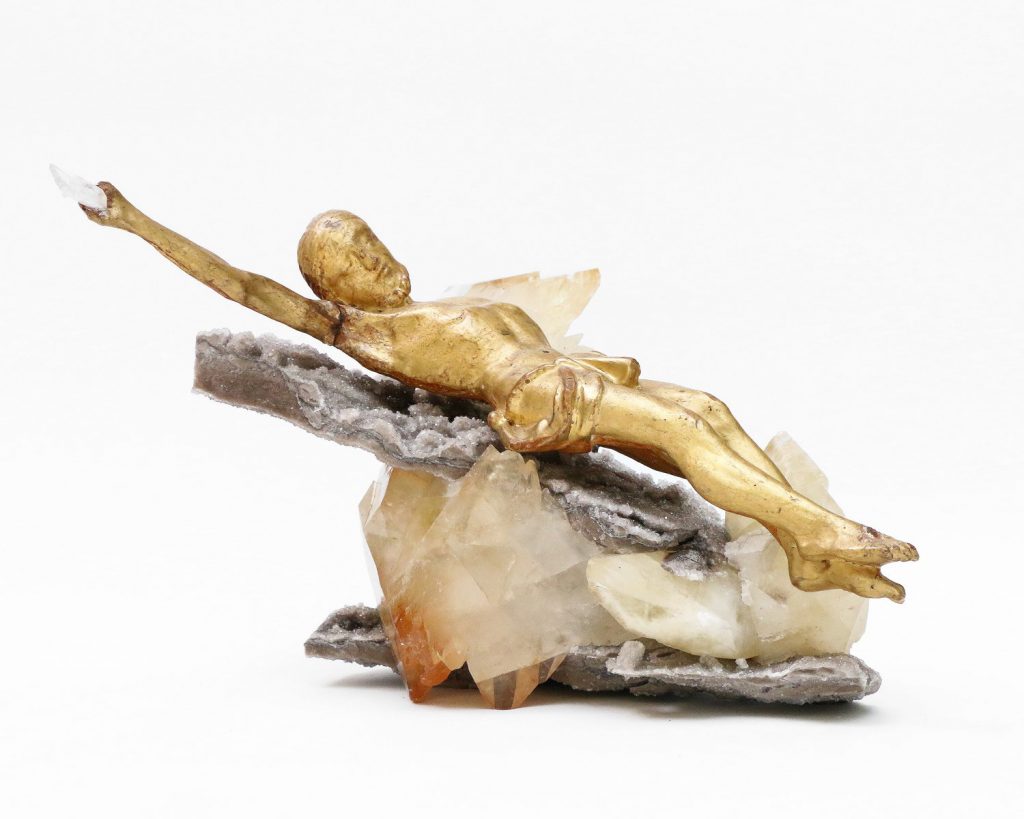 Eighteenth century Italian gold leaf figure of Christ on calcite crystal cluster in matrix from Elmwood Mine, Tennessee. 