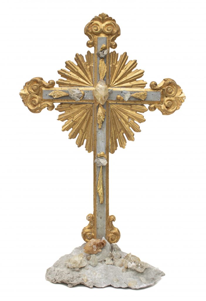 Eighteenth century Italian crucifix with gold-plated kyanite, calcite crystals in matrix, and baroque pearls. The crucifix is originally from a church in Liguria. 