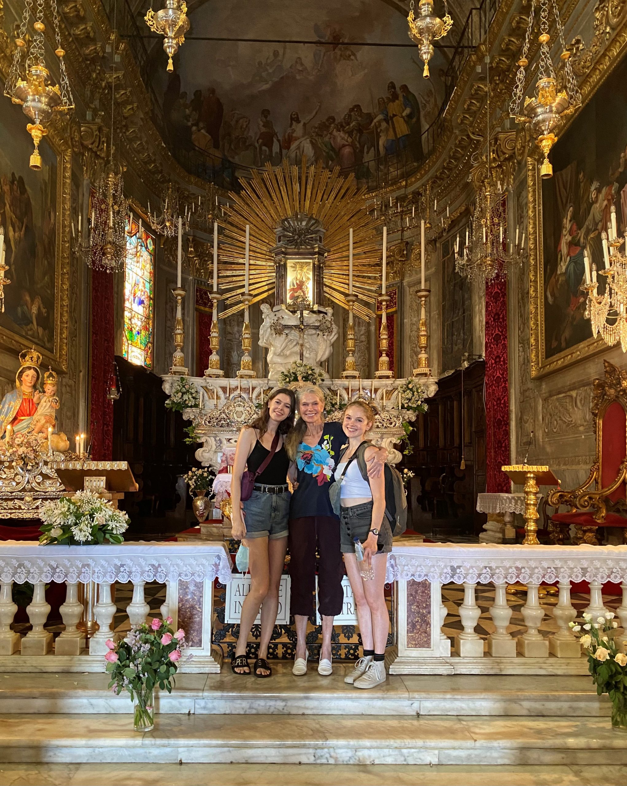 Many of the fragments Jean uses in her artistic creations come from places like this 17th century Baroque church. Grace, Jean, and Joybelle Barlow visit Chiesa San Giacomo di Corte in San Margherita Ligure, Italy. 