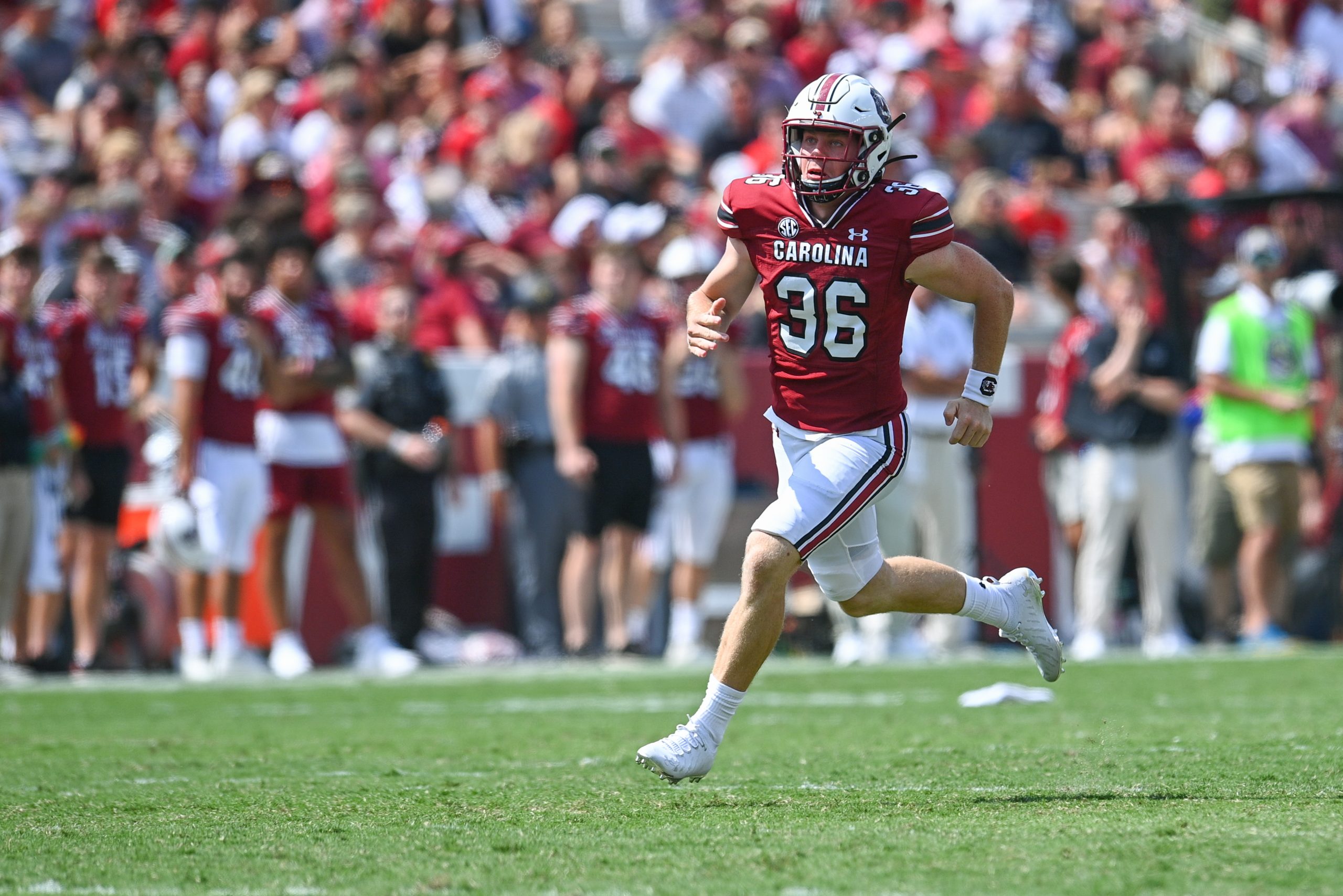 Hunter Rogers, a former receiver at Spring Valley High School and a redshirt sophomore walk-on, handles deep snapping duties for the Gamecocks. Photography courtesy of Tim Cowie