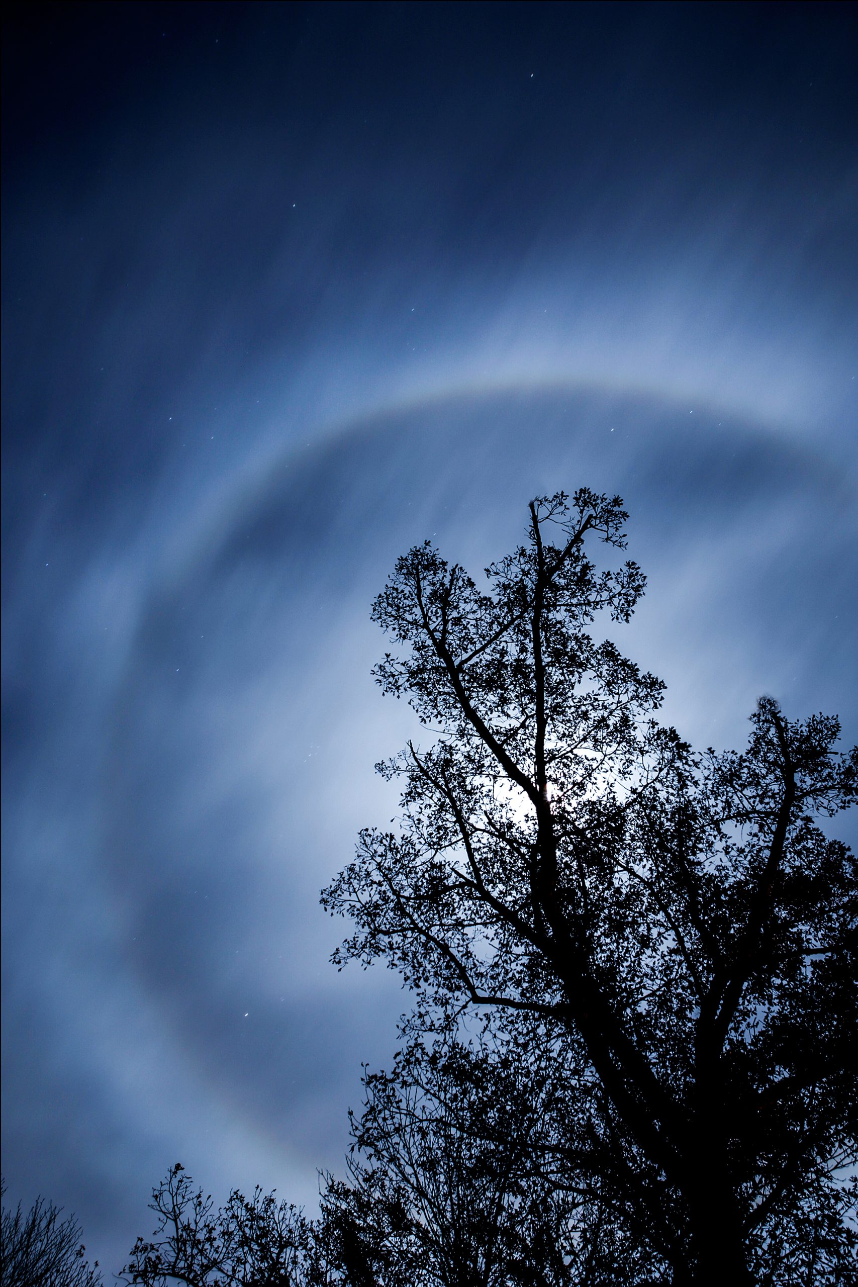 Moon rings, or halos, are created when ice crystals in the atmosphere are refracted by moonlight, similar to rainbows during daylight hours.