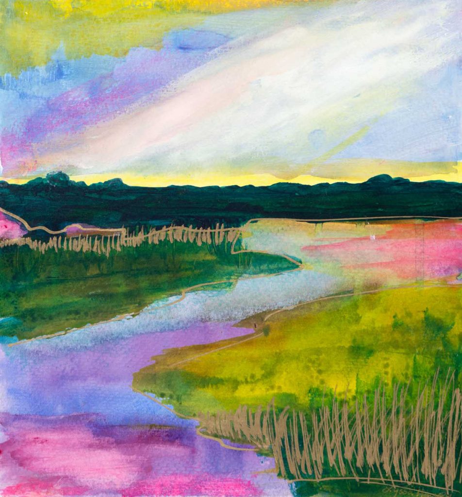 Lyssa Harvey’s Wisdom of the Wetlands XXV, watermedia and enamel gold ink on paper, was juried into the 2022 South Carolina Watermedia Society National Exhibition. 12 by 12 inches.