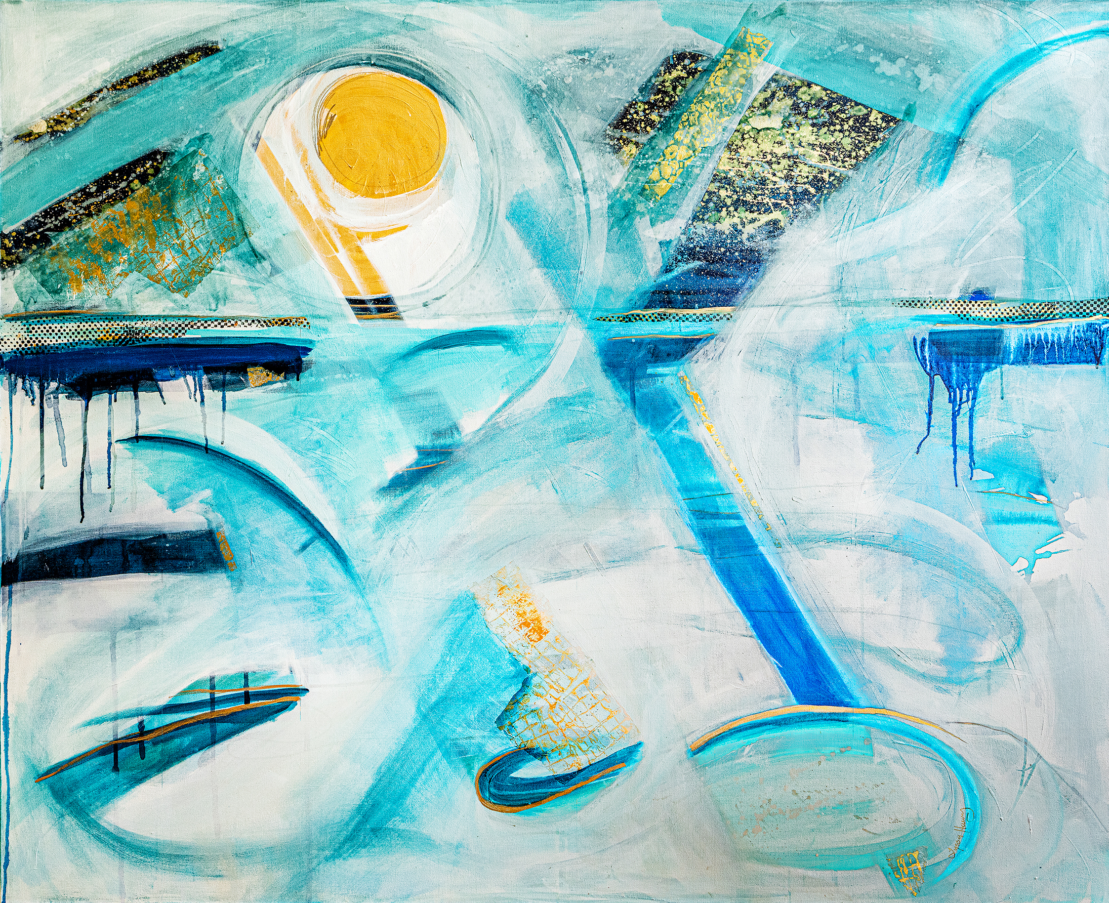  Lyssa Harvey’s Shades of Blue, watermedia on canvas, 4 by 5 feet. 