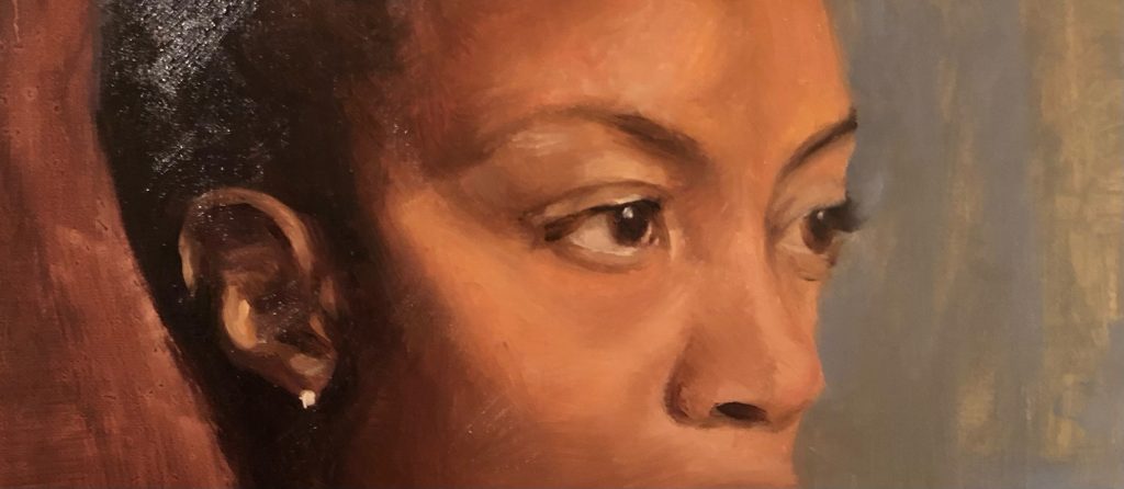 A small section of a Portrait Sketch by Mark Nussbaum in oil, done live with other artists online from East Oaks Studio, Raleigh, N.C. 