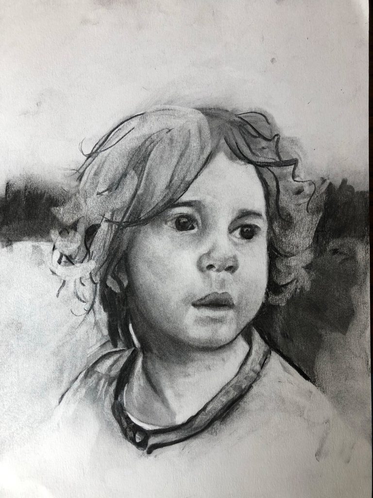 Charcoal on paper sketch of Mark and Andrea Nussbaum’s oldest daughter, Fiona, 9 by 12 inches.