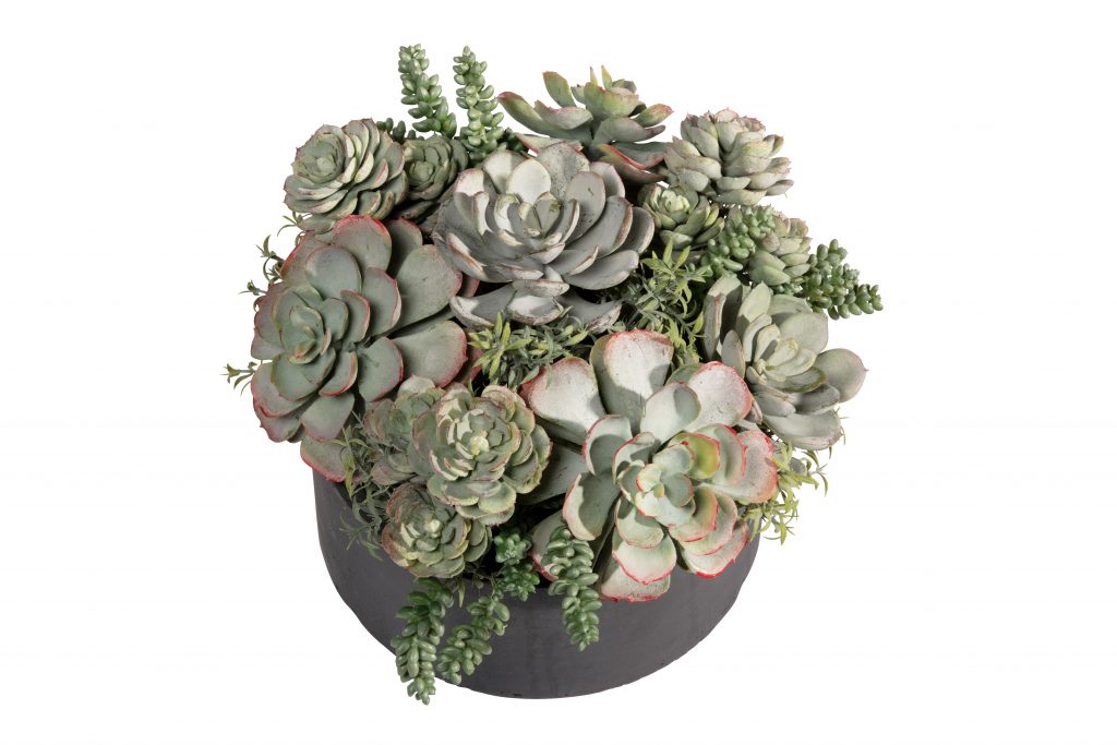 Faux florals are a small dose of big personality. Here, a gray-green succulent gives this space modern flair.