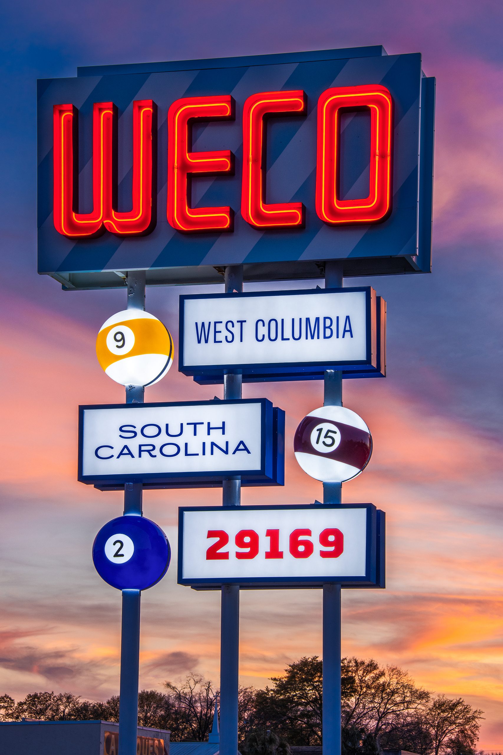 Using bright neon colors, the recent invigoration of the WECO signage in West Columbia draws the attention of travelers entering city limits. Riggs Partners and West Columbia leaders joined to renovate a classic sign from the 1960s, wanting visitors to know that West Columbia cares about the culture of its past and future in the renovation of this flagship sign.