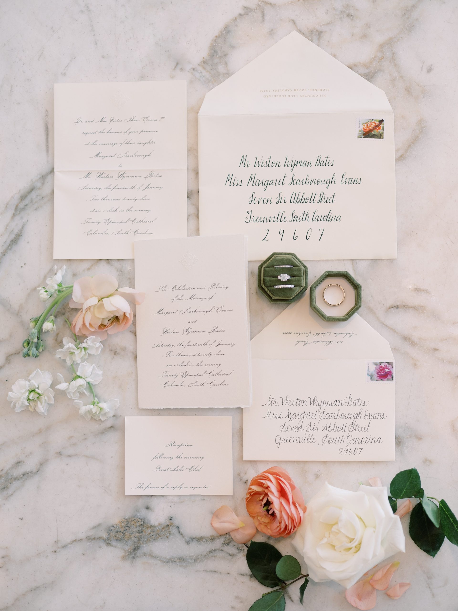 After growing up going to Trinity Cathedral and Forest Lake Club, Meg’s venues were obvious choices. Martha Morris provided the traditional invitations double-folded and engraved with the Trinity cross blind engraved at the top.