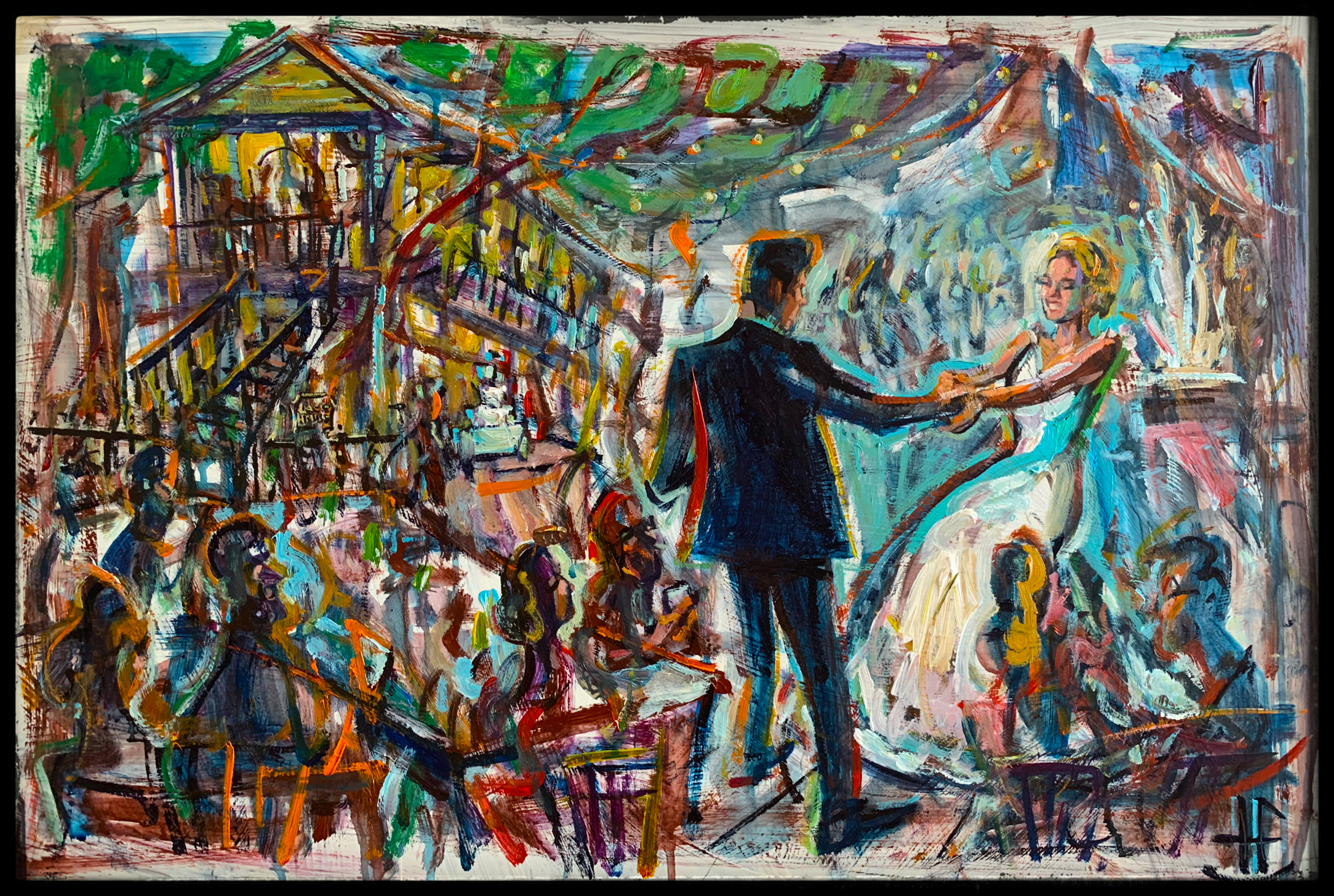 Trahern makes a point of setting up his easel in places where he can not only get a sense of the action swirling around him but is also visible and accessible to the people in attendance. Trahern says, “Painting for myself has allowed me to stretch my wings. I feel like my style is still evolving.”  Lace House Wedding Reception, 20” x 30”, acrylic on gessoed panel, 2022.