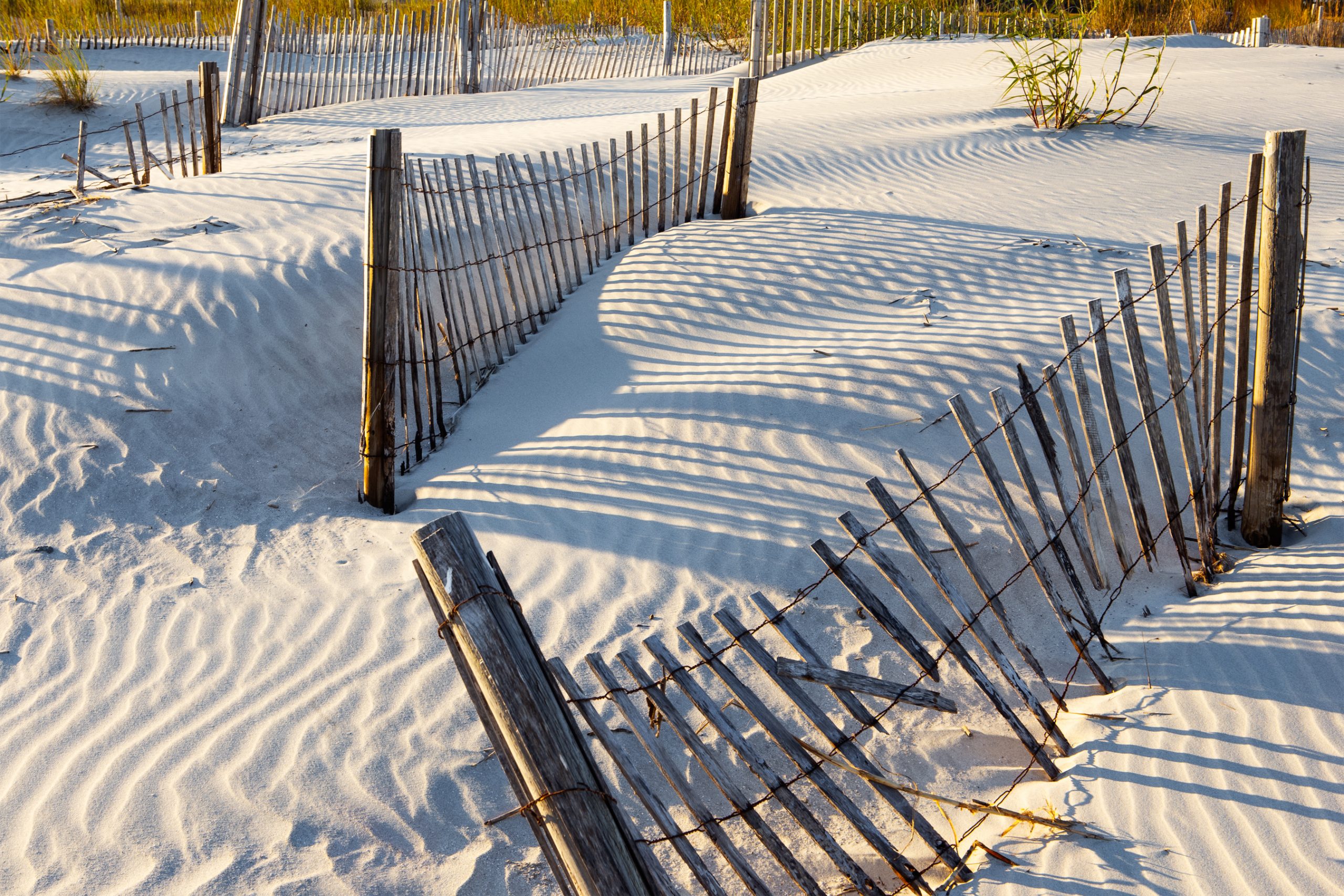 Sand fences stabilize sand dunes, critical to protecting land and homes along the beach. Tides, strong winds, and Father Time all work on weathering the wooden slats within the fence. Over time, nature crafts its artistry as light and shadows excite our vision.