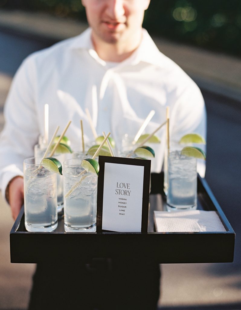 The Satchers held a cocktail party with both families prior to the wedding, and everyone was asked to bring a “signature drink.” The winner, Love Story, was served at the reception.