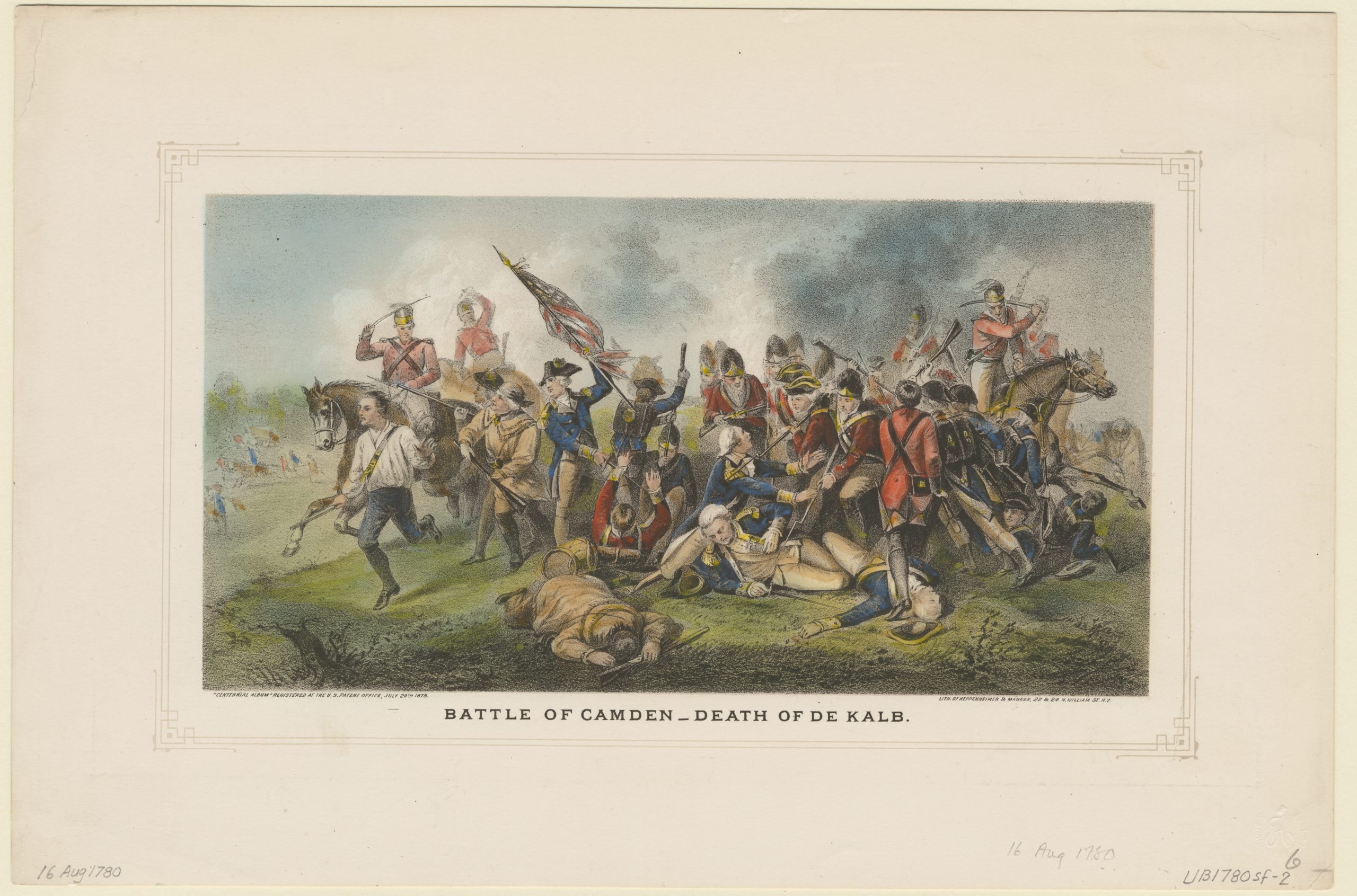 Death of de Kalb by Alonzo Chappel (1828-1887). During the Battle of Camden, Maj. Gen. Baron Johann von de Kalb, a German soldier leading the Delaware and Maryland regiments, was wounded 11 times and died three days later. He was one of the many important Europeans who supported the Colonists in their struggle for independence.
