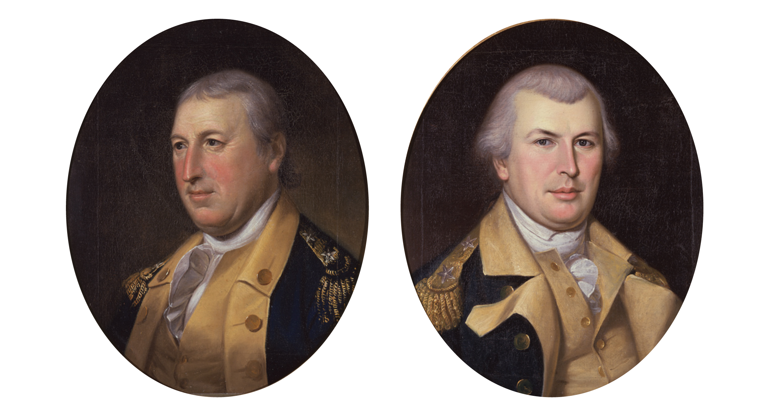 Above left: Gen. Horatio Gates commanded the Continental Army Southern Military Department in South Carolina until the great debacle of the Battle of Camden, which he fled. This 1782 portrait by Charles Willson Peale hangs in the National Portrait Gallery of the Smithsonian Institution. Above right: Born a Quaker in Rhode Island, Nathanael Greene was expelled from his church when he first showed support for armed rebellion against England. Washington sent him to succeed Gates as the commanding general of the Continental Army in South Carolina, which he did very successfully. This 1783 portrait by Charles Willson Peale is courtesy of Independence National Historical Park. 
