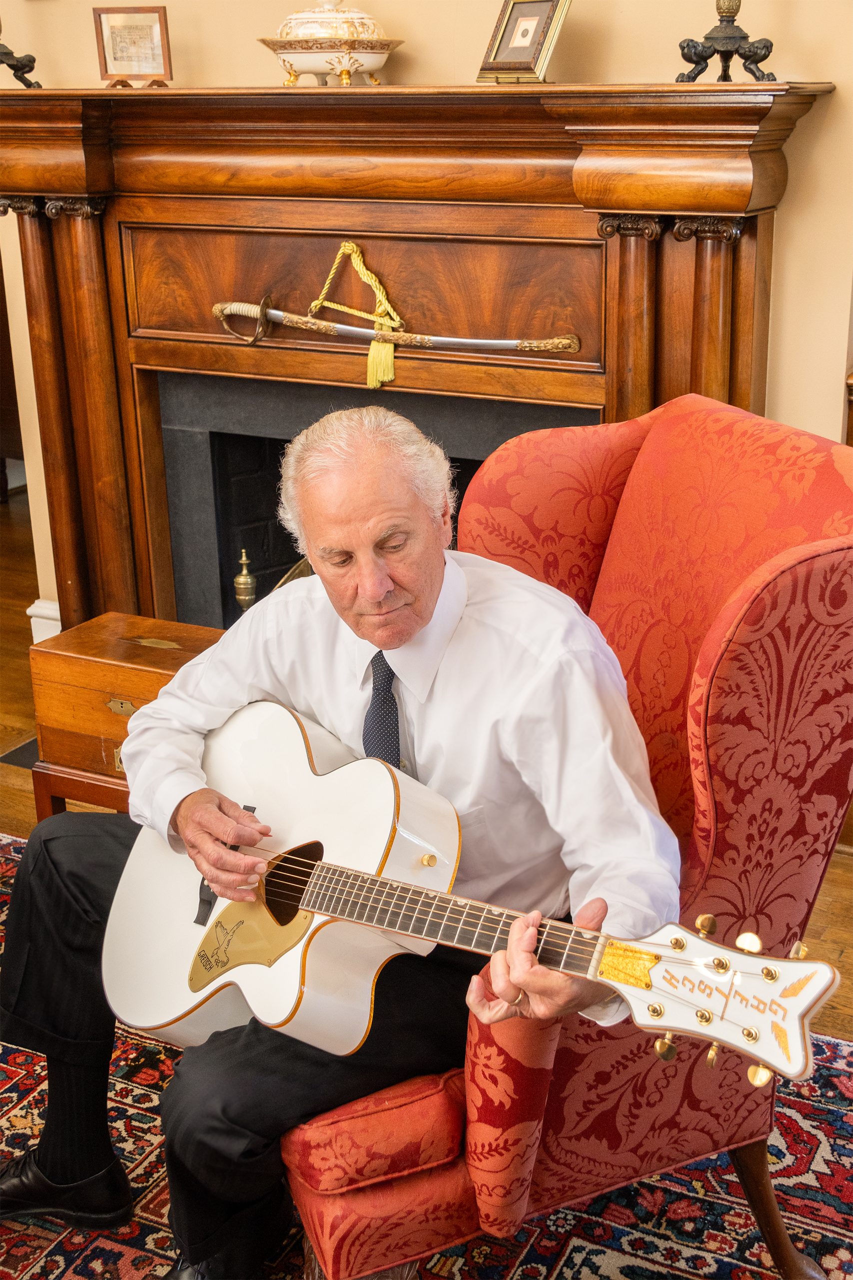 Playing the guitar is one of the governor’s favorite pastimes, and staff around the mansion say it’s not unusual to hear the sounds of a guitar coming from the Library, the Large Drawing Room, or even the top of the stairs leading into the private quarters. 