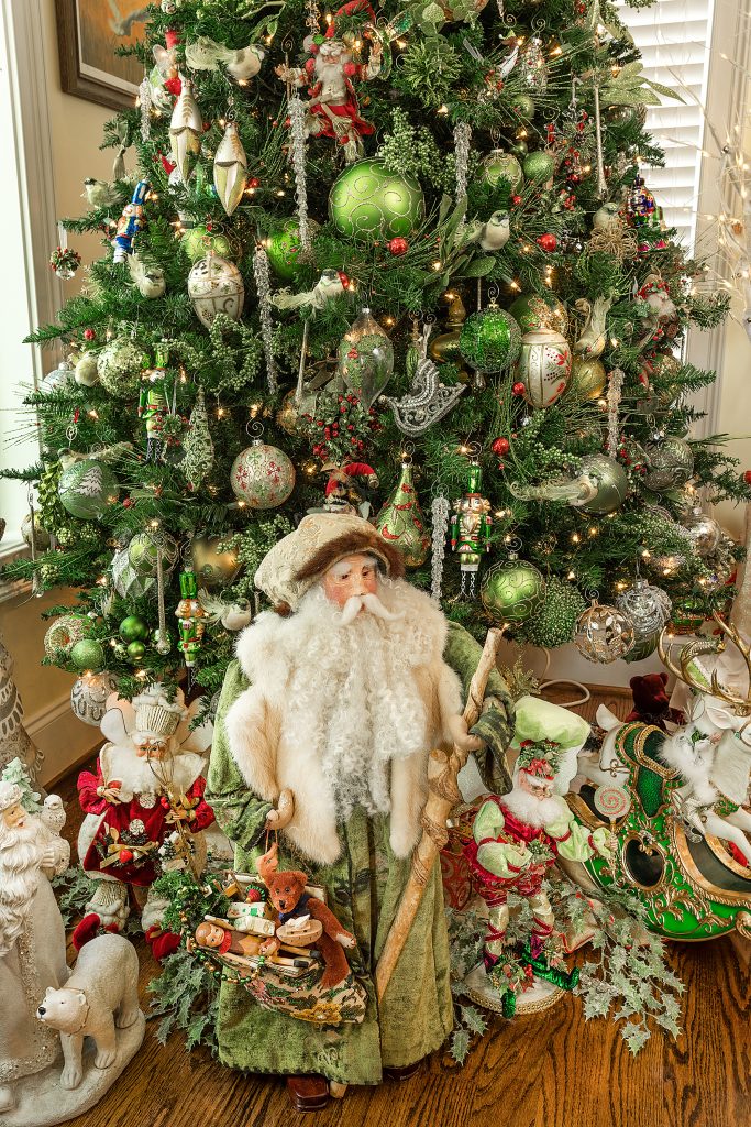 Ann and Chester Floyd’s Lake Murray home is a festive wonderland filled with Christmas joy in the celebration of Christ’s birth. Every room glitters with collected ornaments, creches, magical trees, lights, tinsel, fairies, and angels.