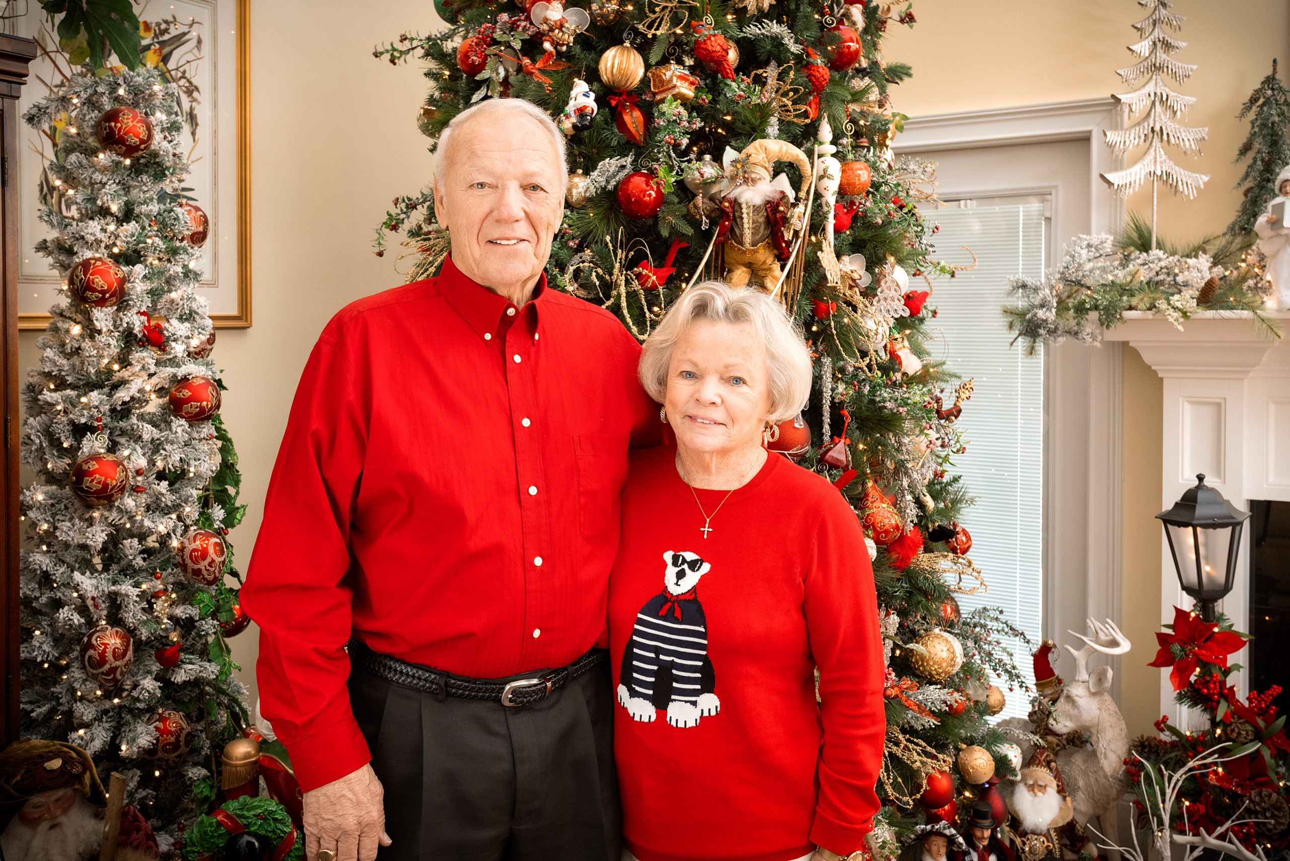 Ann and Chester Floyd’s Lake Murray home is a festive wonderland filled with Christmas joy in the celebration of Christ’s birth. Every room glitters with collected ornaments, creches, magical trees, lights, tinsel, fairies, and angels.