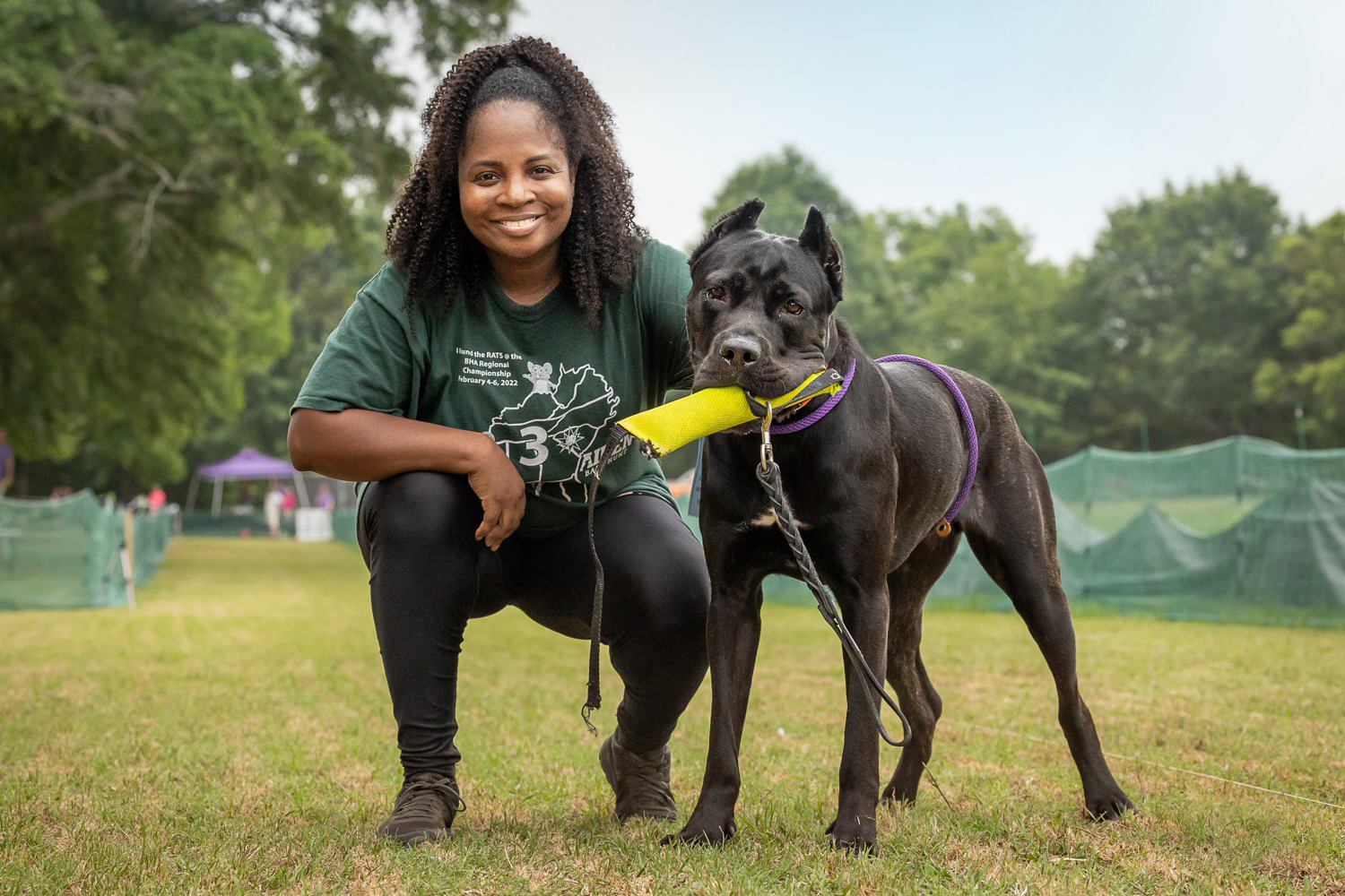 Candace Hood, a member of the Greater Columbia Obedience Club and Fast CAT/CAT Trial chair, with her cane corso, Alessia, in Hull, Ga., May 2022. Photography courtesy of Candace K. Hood