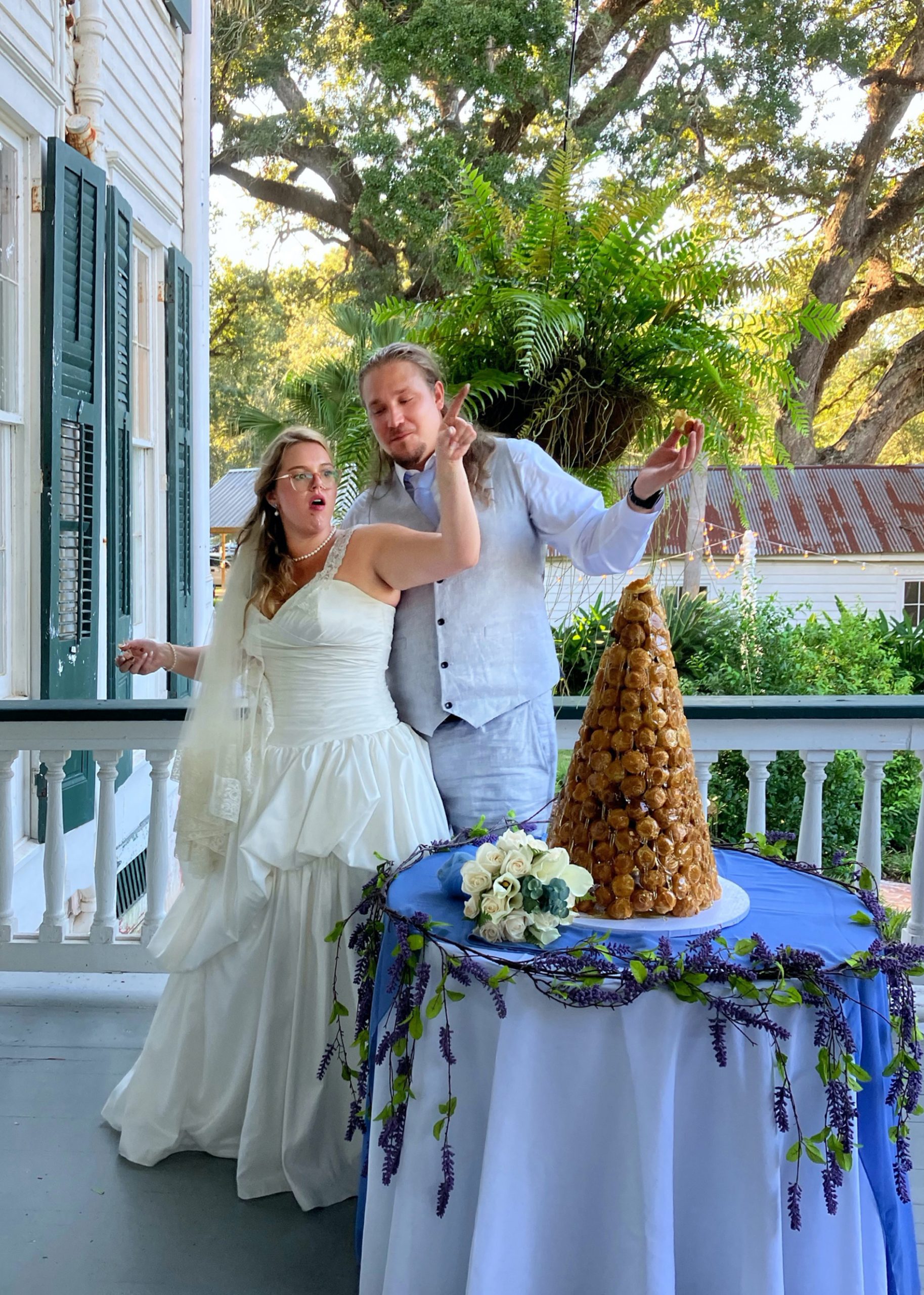 Sélène Allain-Kovacs wed Mitch Marcello at St. John the Evangelist Catholic Church, Jenerette, Louisiana, with a reception held nearby at Albania Mansion, where her great-grandfather had been caretaker. The traditional Bayou Croquembouche wedding cake was filled with whipped cream and pecans. The couple, who honeymooned in Puerto Rico, now reside in St. Mary’s Parish. Photo Courtesy of Barbara Kovacs