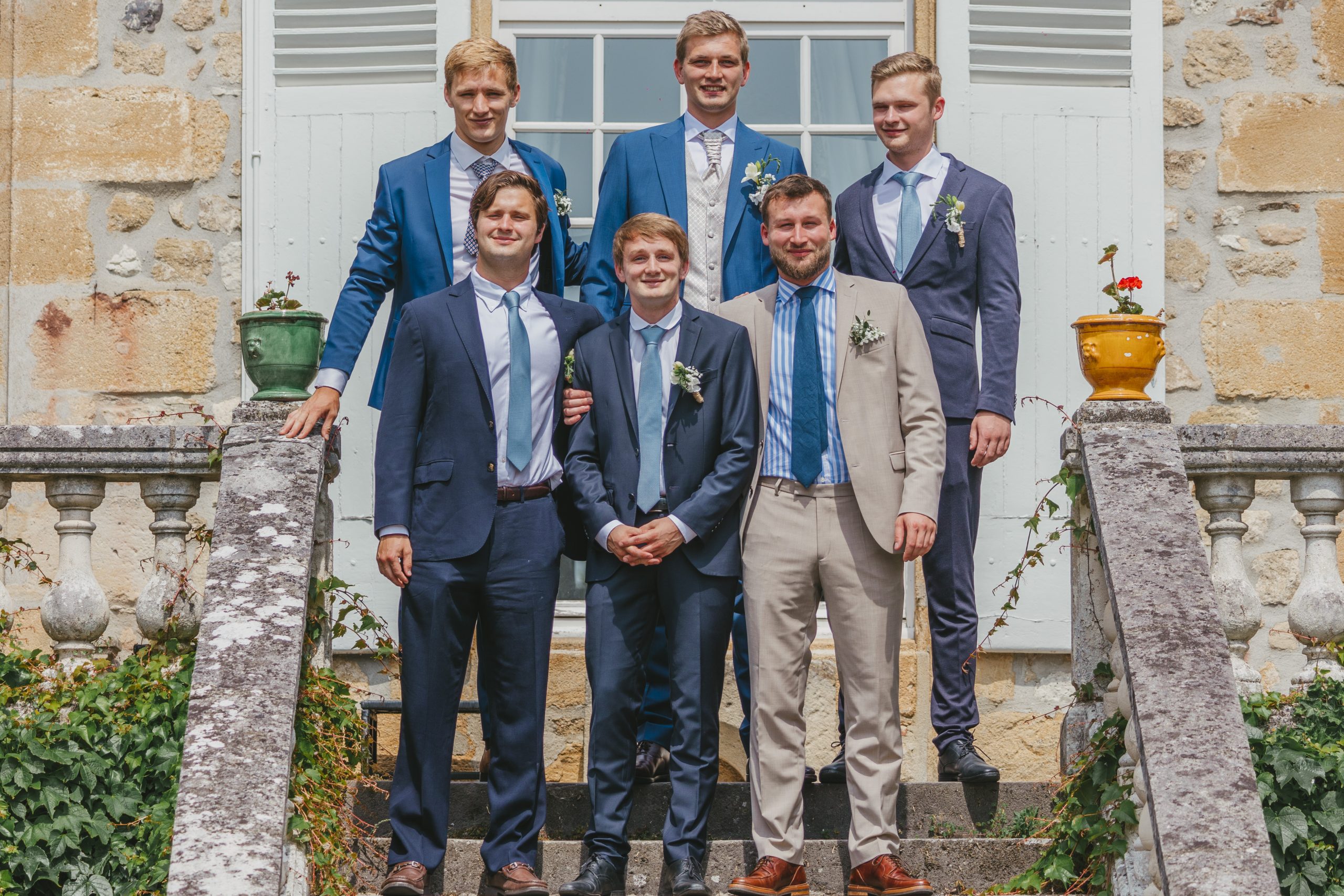The handsome wedding party in blue includes, (back row) Charles Fleury, Théo Lunte, Jannes Lunte-BrüggenJürge, (front row) Edward Mitchell, Emile Fleury, and Paul Richard.