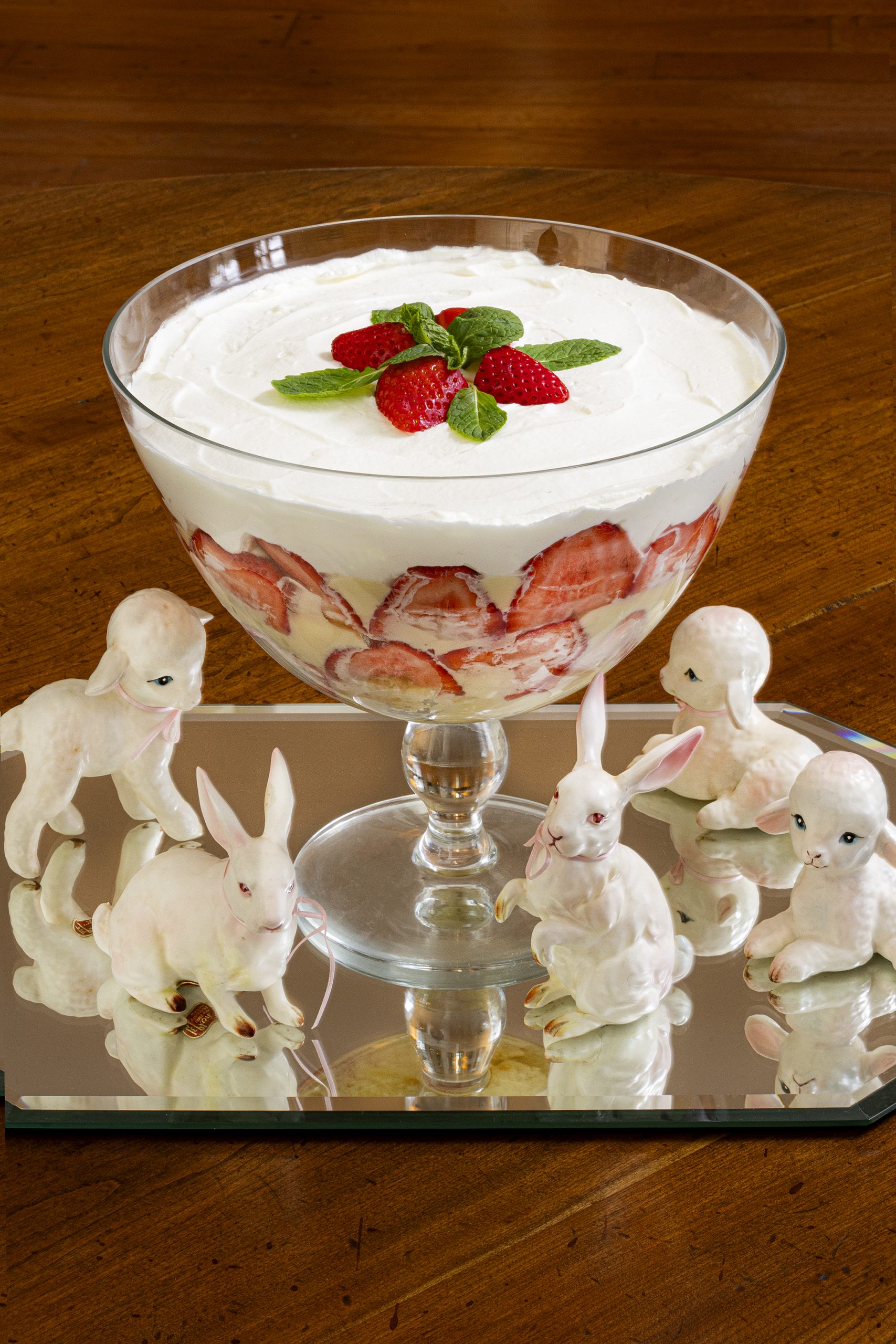 Aimee and Elizabeth’s mother, Mary Anne DuBose, inspired in her four daughters a love for making desserts. Her custard recipe takes center stage in Elizabeth’s strawberry trifle, with layers of pound cake, strawberries, and whipping cream. 